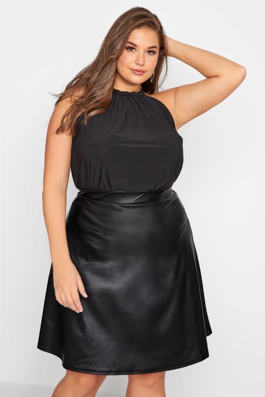 YOURS LONDON Curve Black Leather Look Skater Skirt_A.jpg