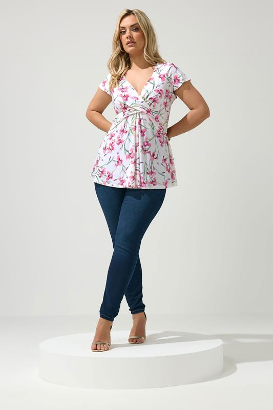 YOURS LONDON Plus Size White Floral Print Wrap Front Top | Yours Clothing 2