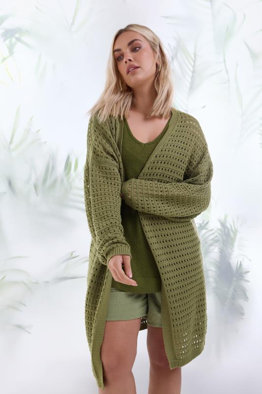  Grande Taille YOURS Curve Khaki Green Crochet Cardigan