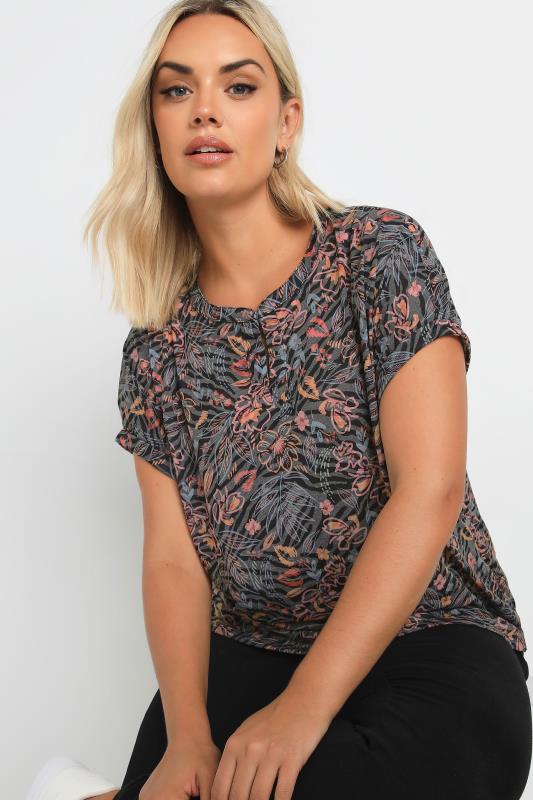 YOURS Plus Size Grey Floral Print Notch Neck Top | Yours Clothing  4