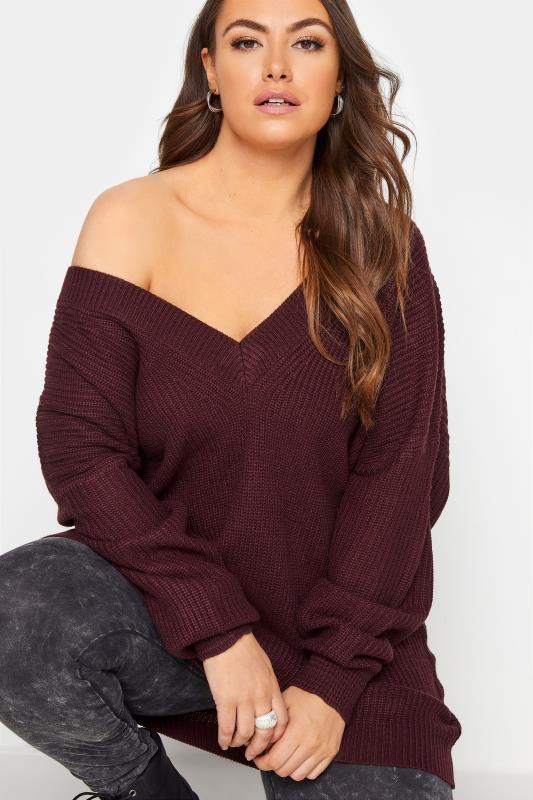 Plus Size Curve Berry Red V-Neck Knitted Jumper | Yours Clothing 4