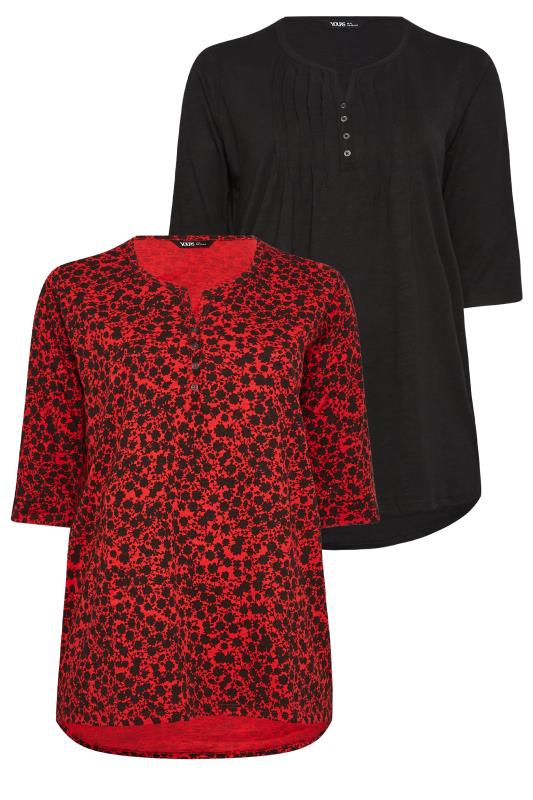 YOURS Plus Size 2 PACK Black & Red Ditsy Floral Pintuck Henley Tops | Yours Clothing 7