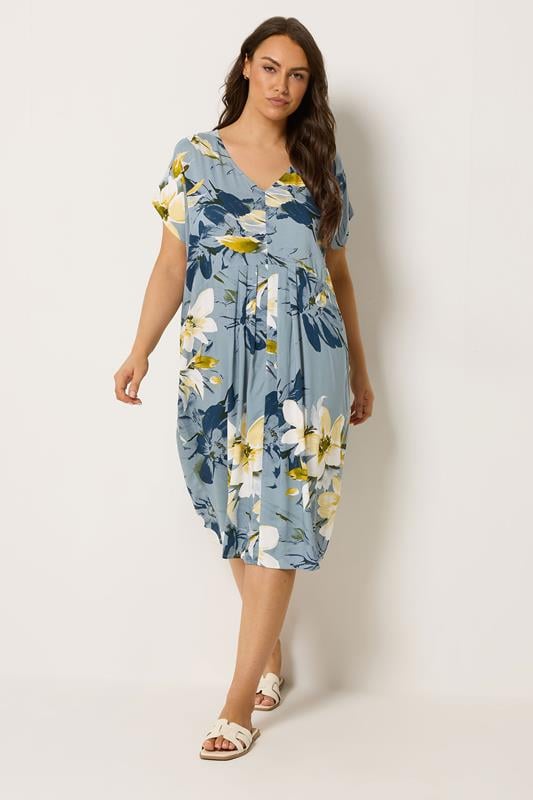  YOURS vestido gris con estampado floral y pliegue delantero