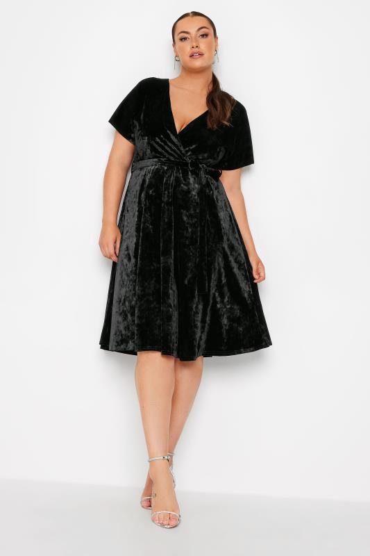YOURS LONDON Plus Size Black Velvet Wrap Skater Dress | Yours Clothing 1