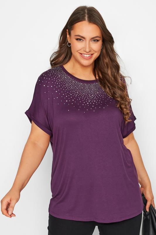 Plus Size Purple Stud Embellished Grown On Sleeve T-Shirt | Yours Clothing 1