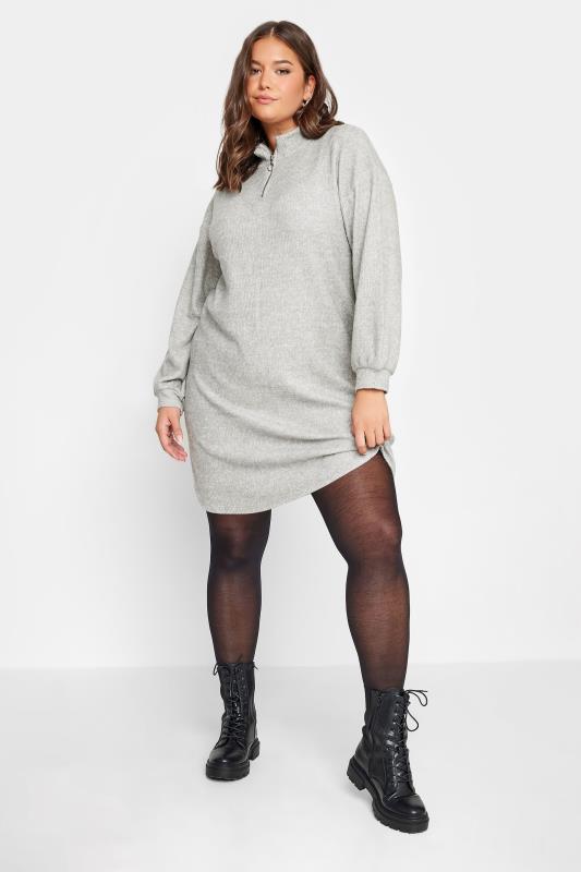YOURS Plus Size Grey Soft Touch Zip Neck Jumper Dress | Yours Clothing 1
