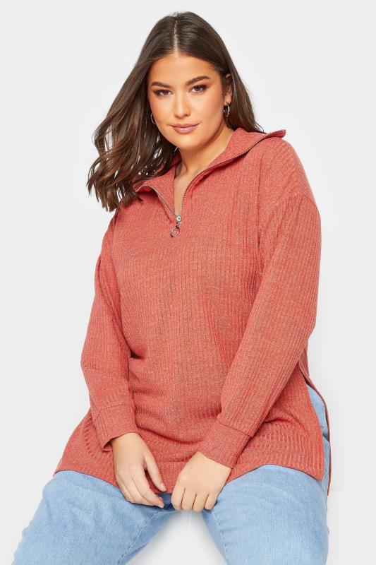 YOURS Plus Size Curve Light Orange Ribbed Half Zip Jumper | Yours Clothing  1