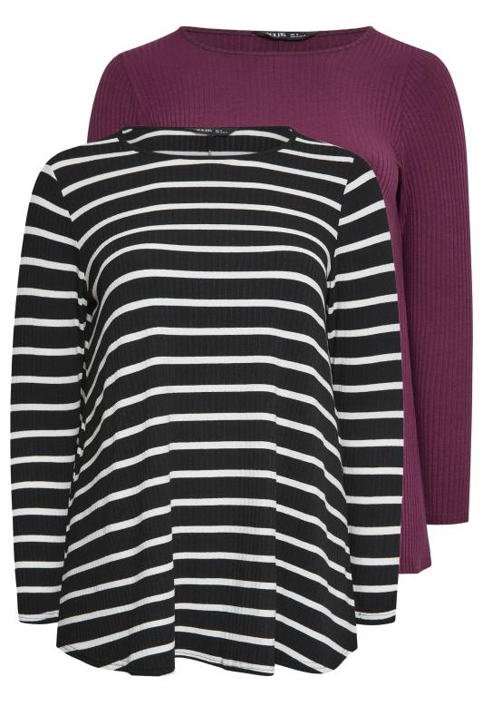 YOURS Curve Plus Size 2 PACK Black & Purple Stripe Ribbed Swing Top | Yours Clothing  7