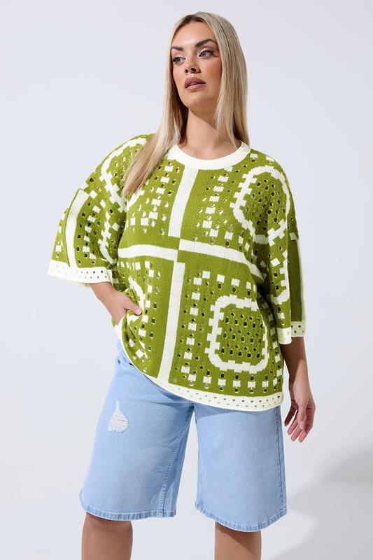LIMITED COLLECTION Plus Size Green Abstract Crochet Boxy Top | Yours Clothing 1