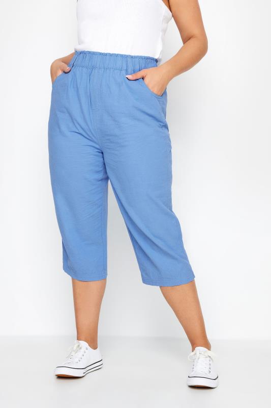  Tallas Grandes YOURS Curve Blue Elasticated Cool Cotton Cropped Trousers