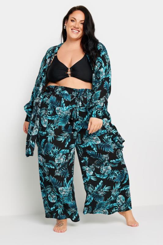 YOURS Plus Size Black Tropical Print Crinkle Tassel Trousers | Yours Clothing 3