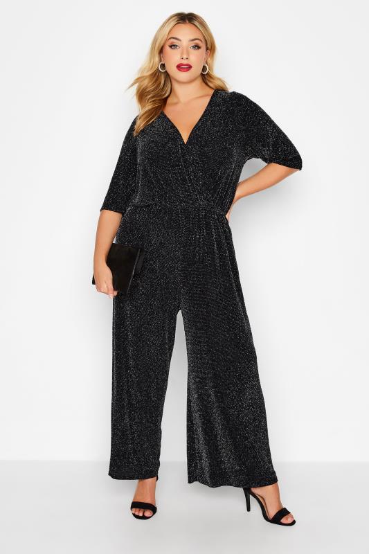 LIMITED COLLECTION Plus Size Black & Silver Glitter Stretch Wrap Jumpsuit | Yours Clothing 2