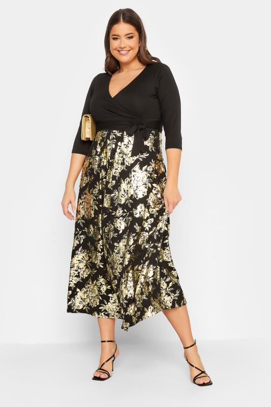 YOURS LUXURY Plus Size Black Foil Floral Print Wrap Dress | Yours Clothing 1