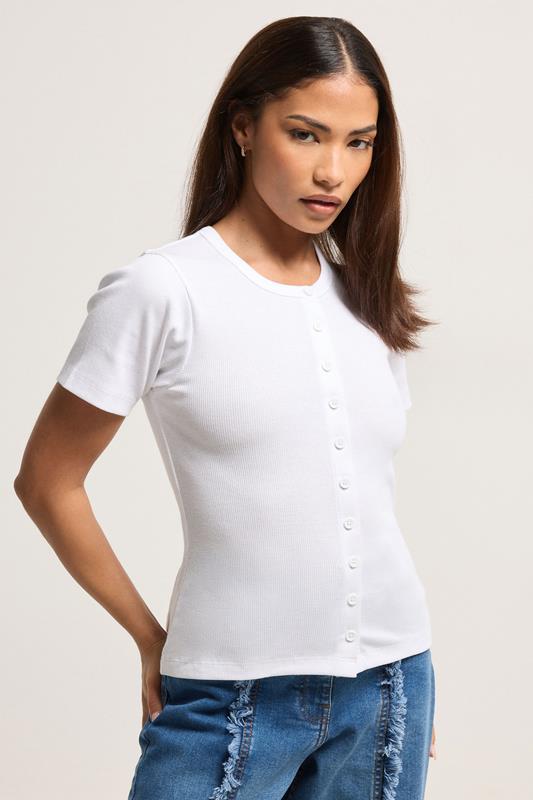  PixieGirl Petite White Ribbed Cotton Button Front Top