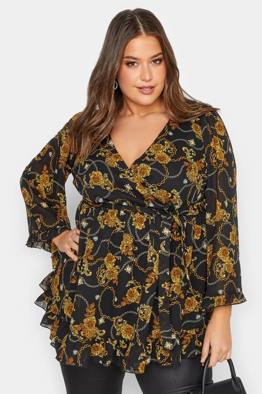 YOURS LONDON Plus Size Black Chain Floral Print Ruffle Wrap Top | Yours Clothing 1