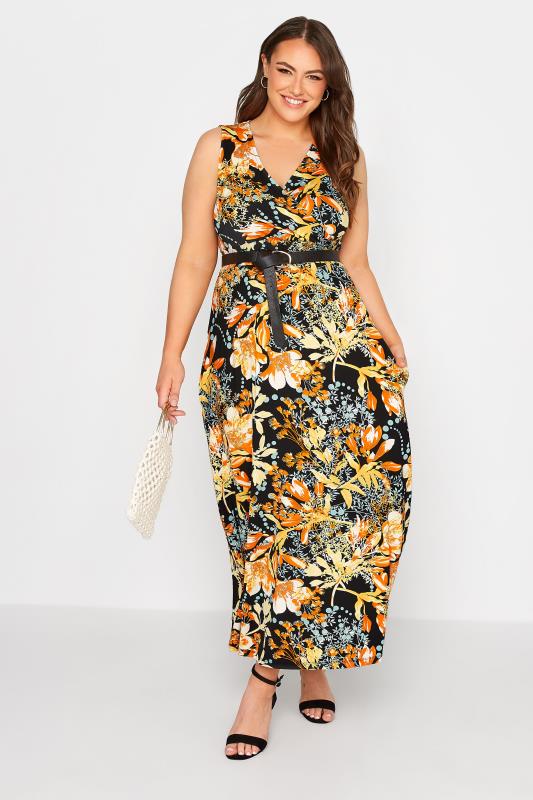 Plus Size Black & Orange Floral Maxi Dress | Yours Clothing 1