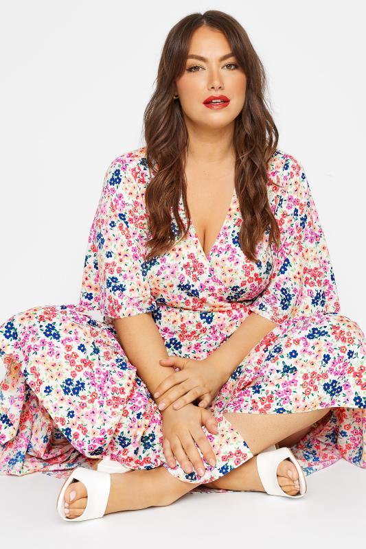 LIMITED COLLECTION Plus Size White Ditsy Print Wrap Smock Maxi Dress | Yours Clothing 4