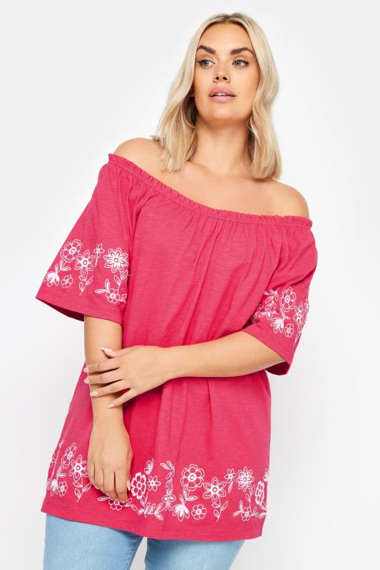 YOURS Plus Size Pink Embroidered Detail Bardot Top | Yours Clothing 1