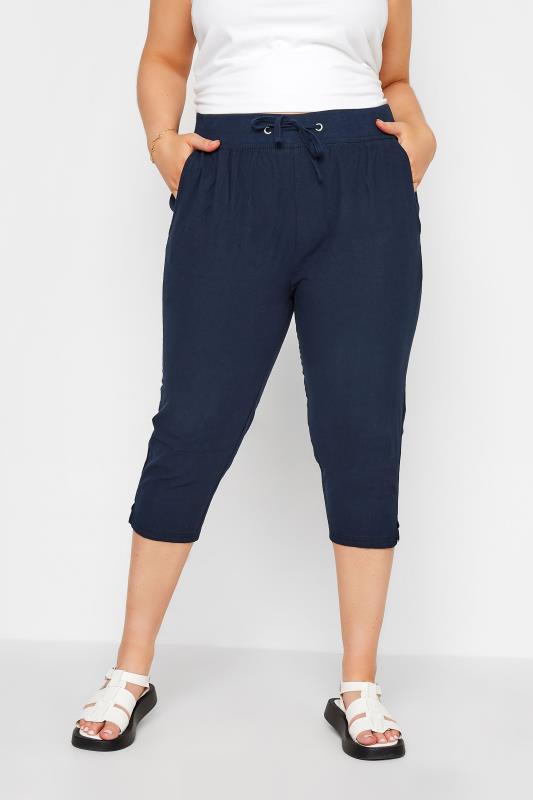 Curve Navy Blue Cool Cotton Cropped Joggers 1