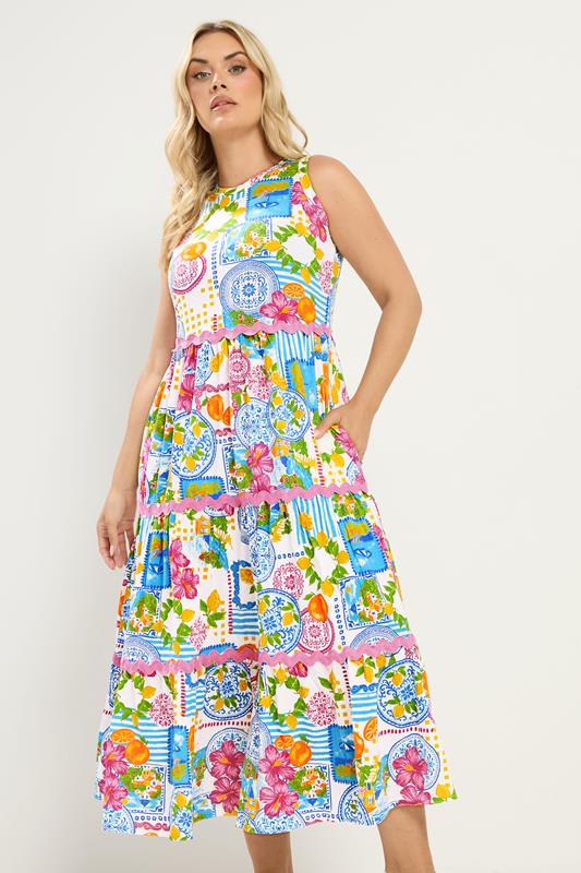  YOURS Robe longue étagée avec bordure à imprimé « méditerranéen »