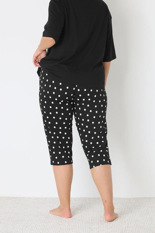 YOURS Plus Size Black Polka Dot Wide Leg Pyjama Cropped Bottoms | Yours Clothing 2