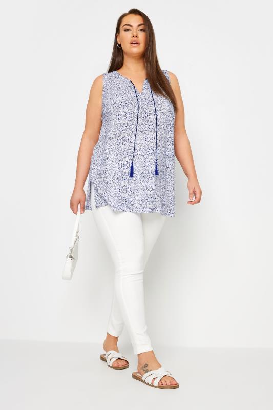 YOURS Plus Size Blue Tie Neck Sleeveless Blouse | Yours Clothing 2