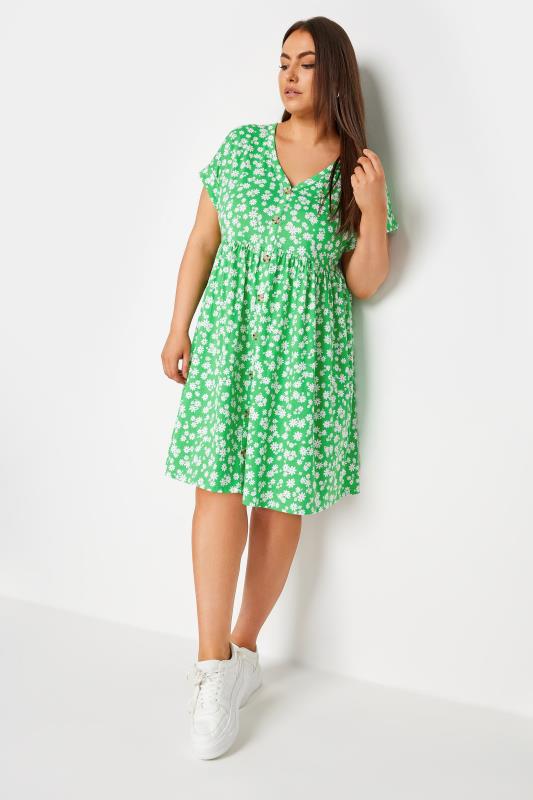 YOURS Plus Size Green Ditsy Floral Print Button Front Smock Dress | Yours Clothing 3