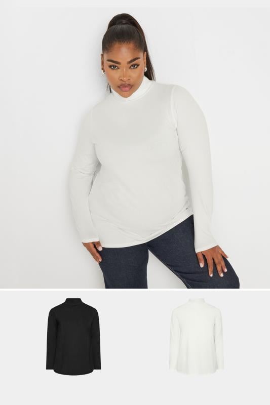 YOURS Plus Size 2 PACK Black & White Long Sleeve Turtle Neck Tops | Yours Clothing 1