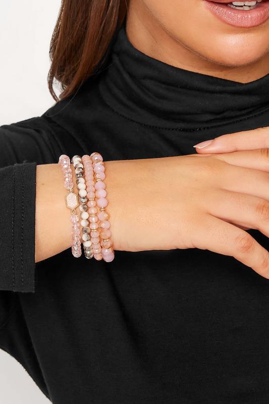 4 PACK Pink Mixed Stone Bracelet Set | Yours Clothing 1