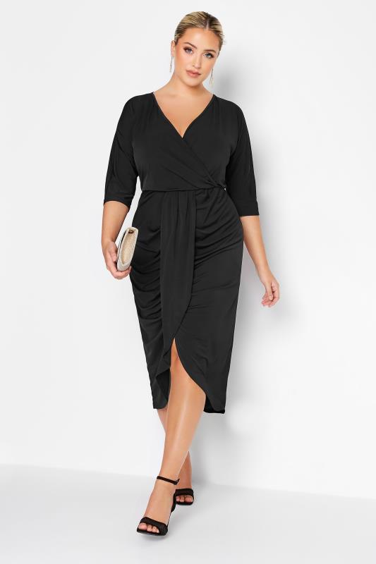 YOURS LONDON Plus Size Black Ruffle Wrap Bodycon Dress | Yours Clothing 1