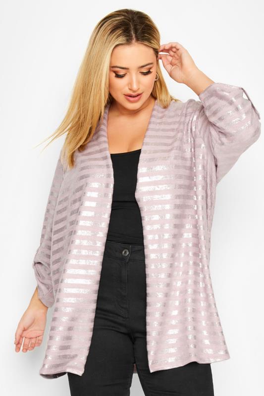 Curve Plus Size Blush Pink Foil Stripe Cardigan | Yours Clothing 1