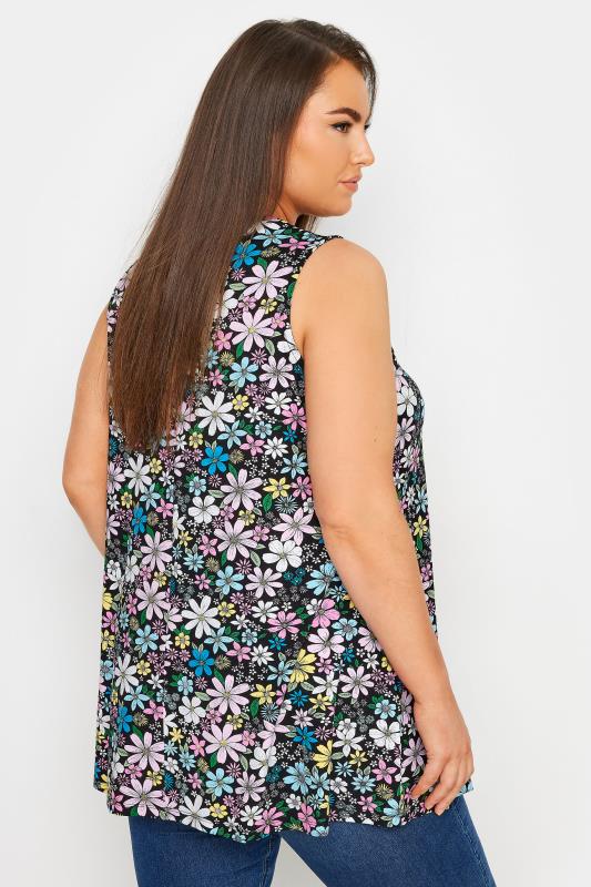 YOURS Plus Size Black Daisy Print Pleated Swing Vest Top | Yours Clothing 4