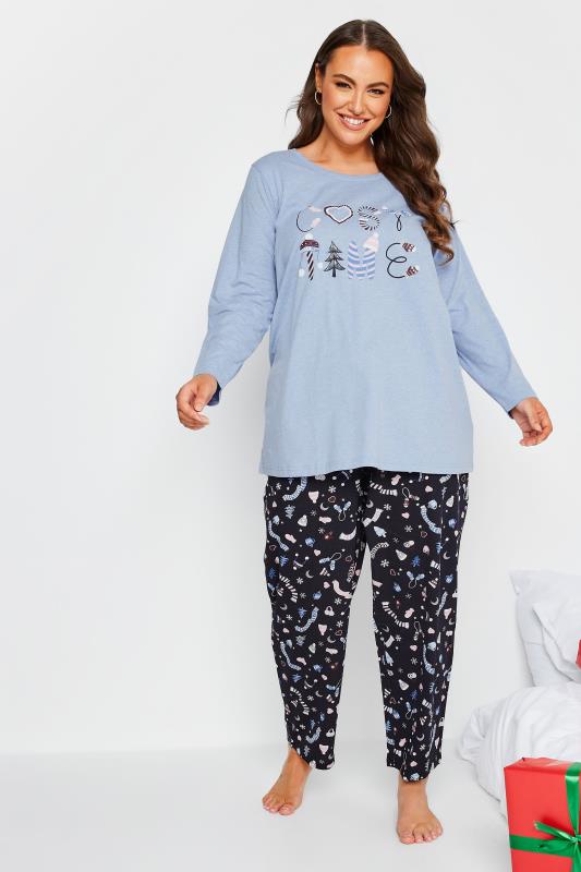 Plus Size Blue 'Cosy Time' Christmas Print Pyjama Set | Yours Clothing 2