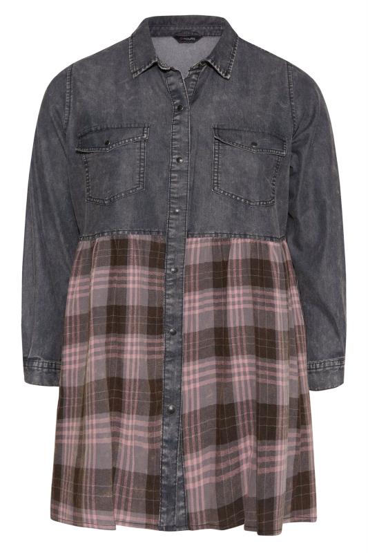 Plus Size Grey & Pink Check Print Peplum Denim Shirt | Yours Clothing 6