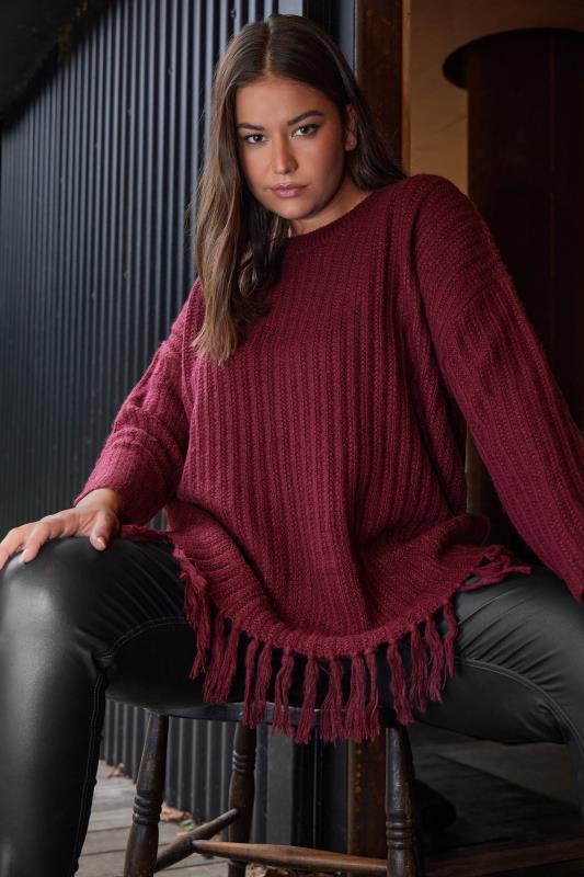 YOURS Plus Size Berry Red Fringe Detail Knitted Jumper | Yours Clothing 1