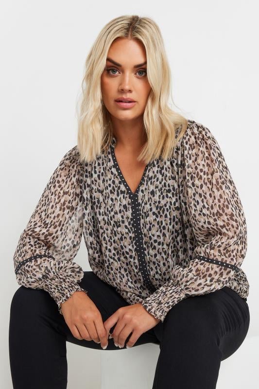 YOURS Plus Size Natural Brown Leopard Print Stud Trim Blouse | Yours Clothing 1