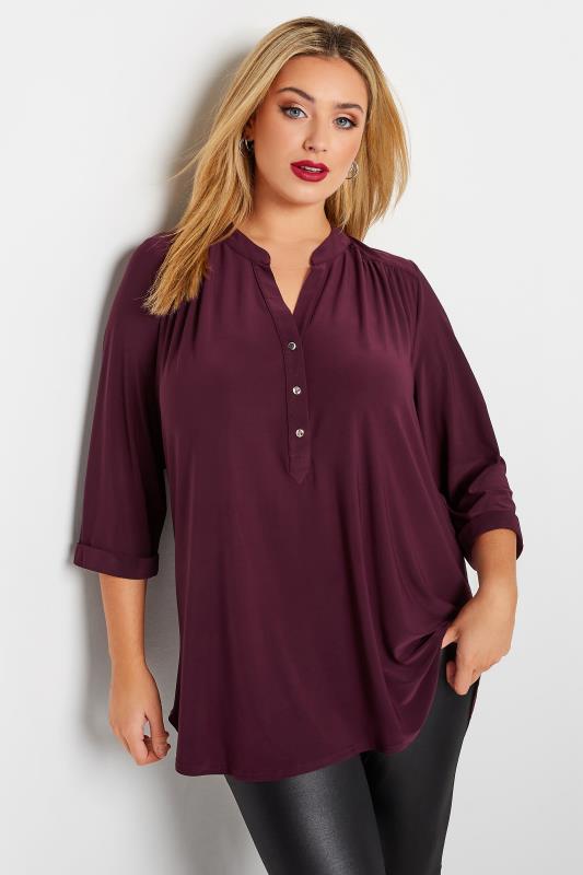 YOURS LONDON Plus Size Burgundy Red Half Placket Shirt | Yours Clothing 1