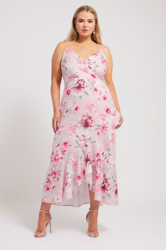 YOURS LONDON Plus Size Pink Floral Print Ruffle Wrap Dress | Yours Clothing 1