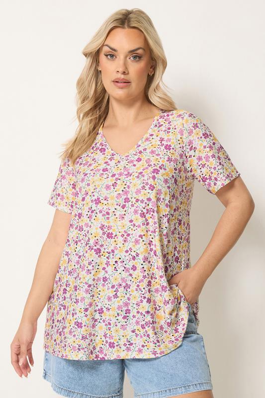  YOURS Curve Purple & Yellow Broderie Swing Top