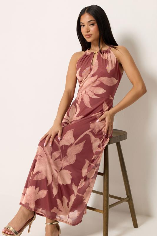 M&Co Petite Orange Floral Print Halter Neck Mesh Maxi Dress | M&Co 2