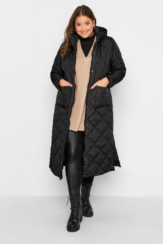 Plus Size Black Lightweight Quilted Maxi Coat | Yours Clothing 2