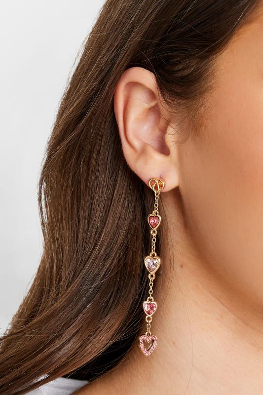 Gold & Pink Heart Drop Earrings | Yours Clothing 1