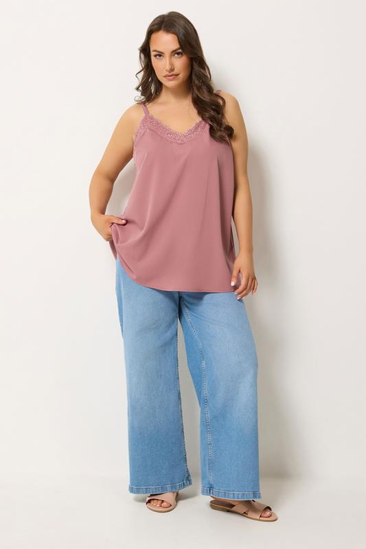 YOURS Plus Size Pink Lace Insert Vest Top | Yours Clothing 1