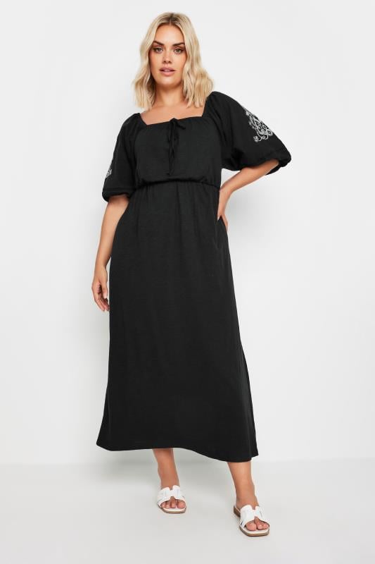  Tallas Grandes YOURS Curve Black Embroidered Puff Sleeve Maxi Dress