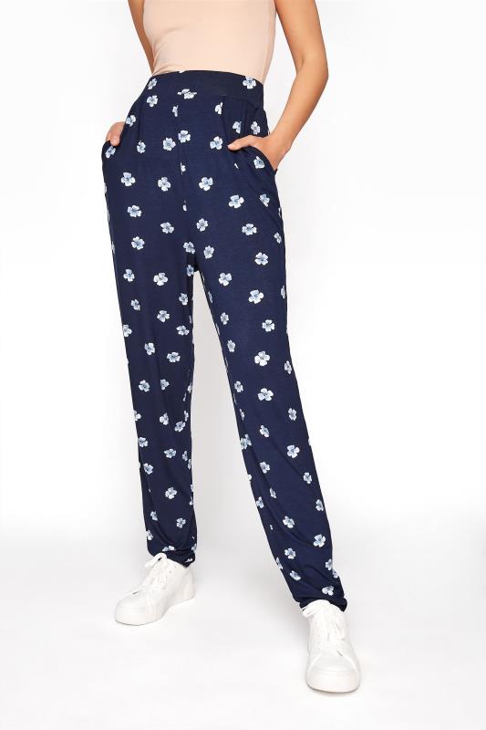 LTS Tall Navy Blue Floral Double Pleat Jersey Harem Trousers_B.jpg