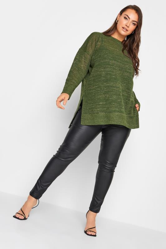 YOURS Curve Green Side Split Metallic Pointelle Jumper | Yours Clothing 2