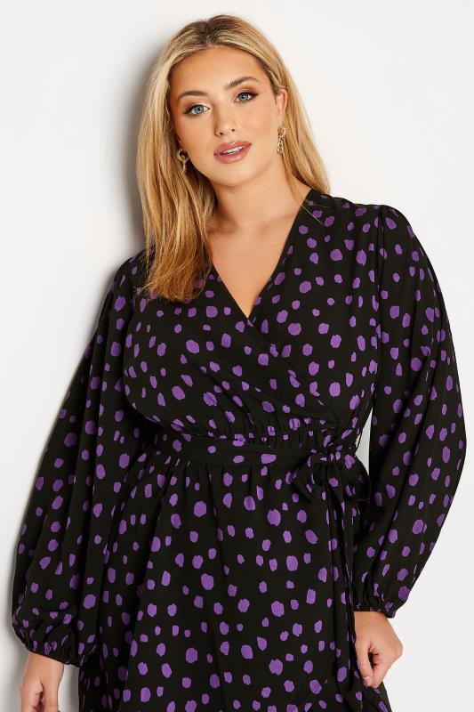 Plus Size Black & Purple Dalmatian Print Balloon Sleeve Wrap Top | Yours Clothing 4