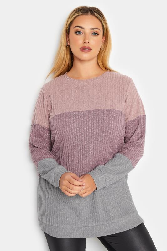 YOURS LUXURY Plus Size Womens Pink & Grey Colourblock Soft Touch Metallic Jumper | Yours Clothing  2