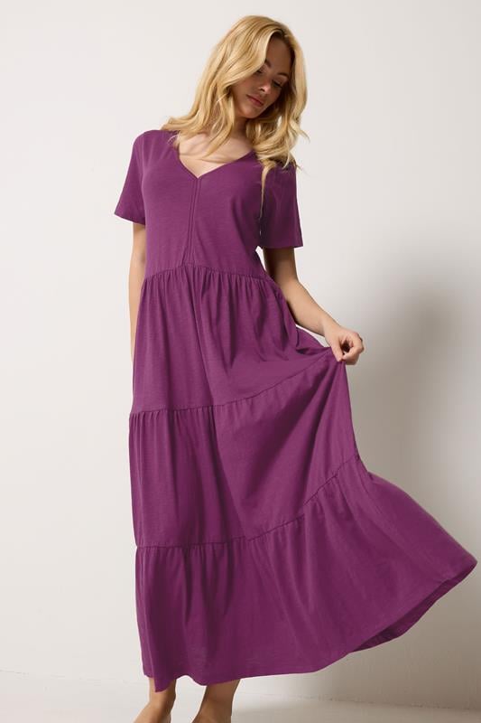M&Co Berry Purple Notch Neck Tiered Cotton Maxi Dress | M&Co 1