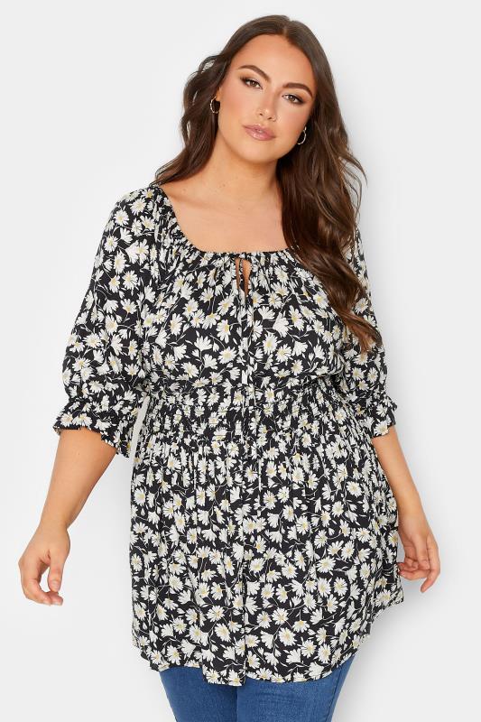 Plus Size  YOURS Curve Black Floral Shirred Gypsy Top